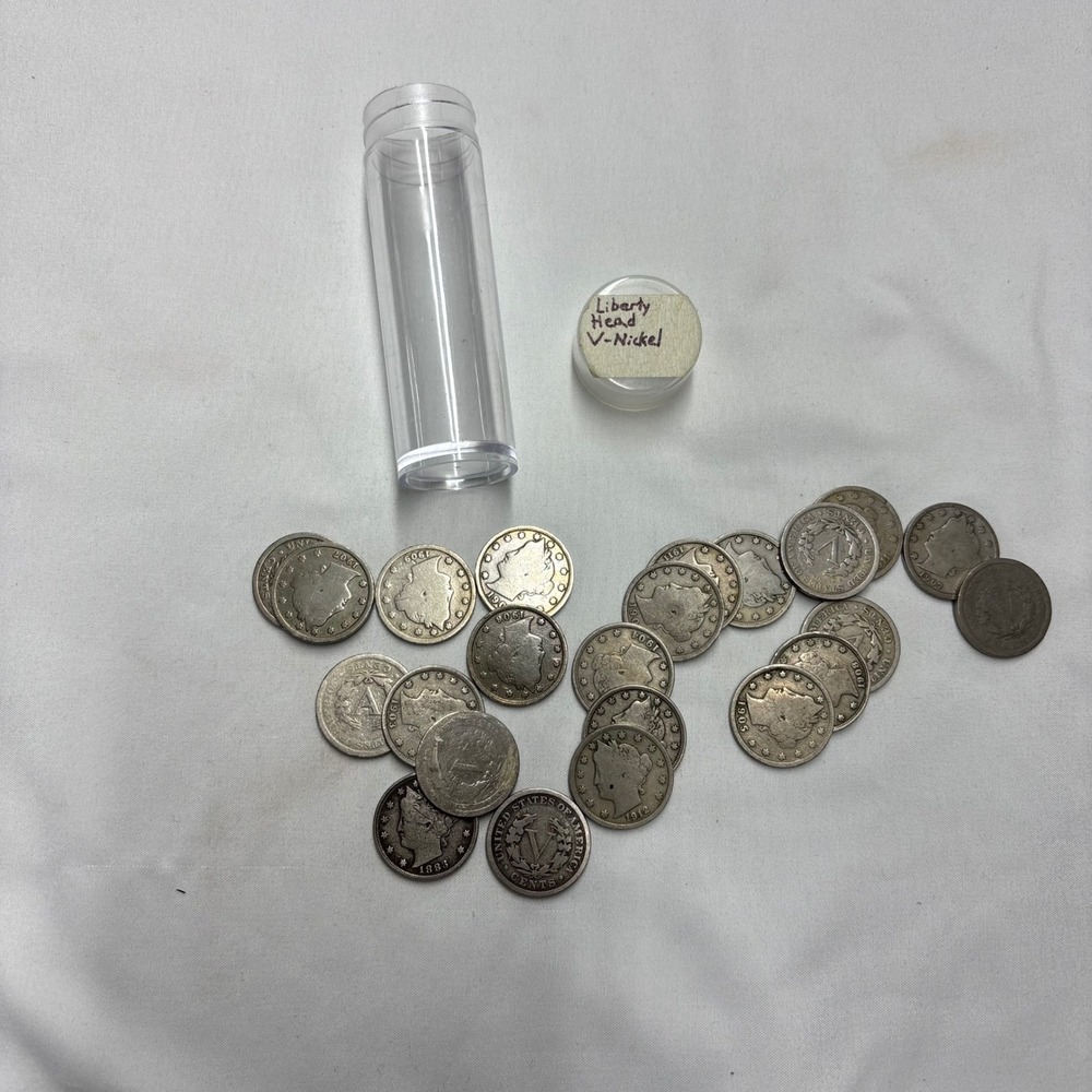 Lot of 23 Vintage US Liberty Head V Nickels 1883-1912 Mixed Dates with Tube